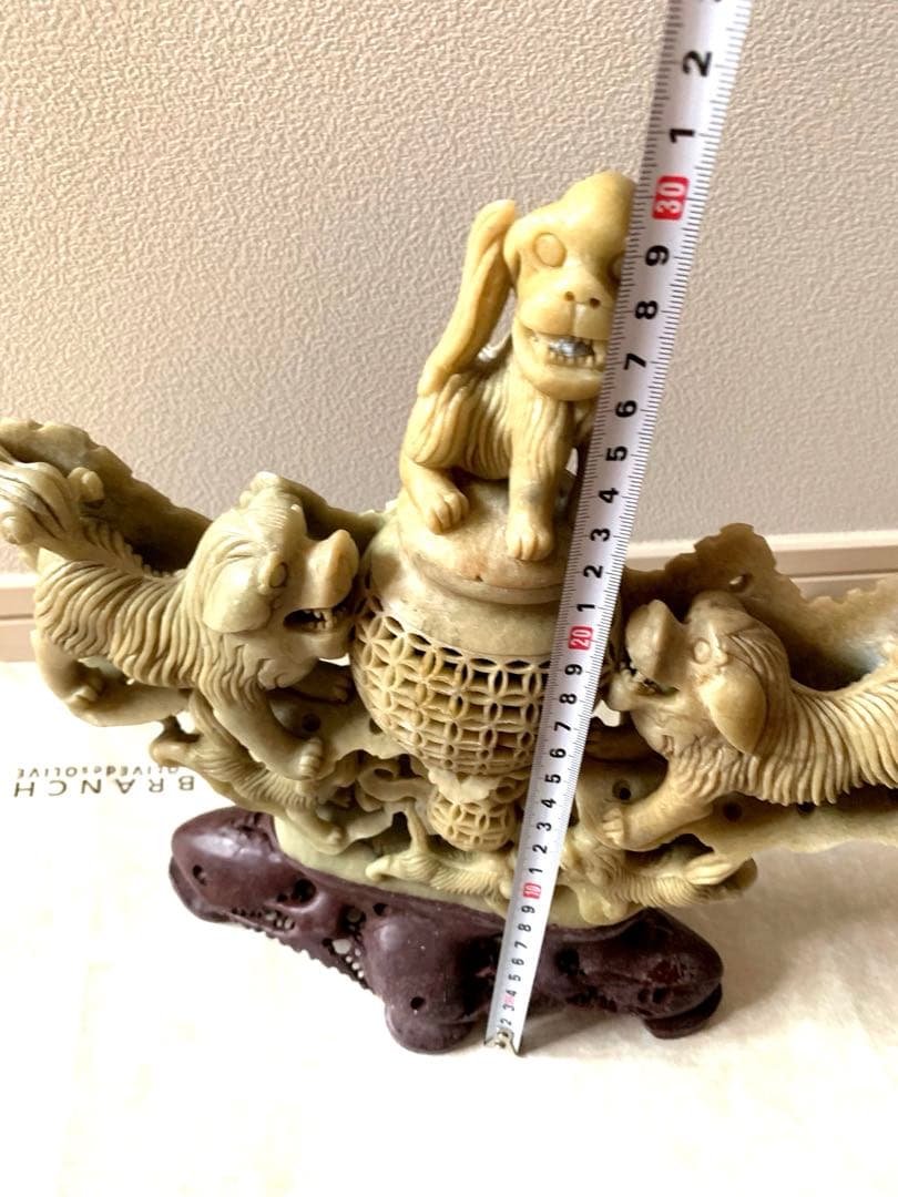 『中国』天然石 青田石 骨董彫刻アンティーク 獅子鈕蓋爐 超大香炉 置物(5)