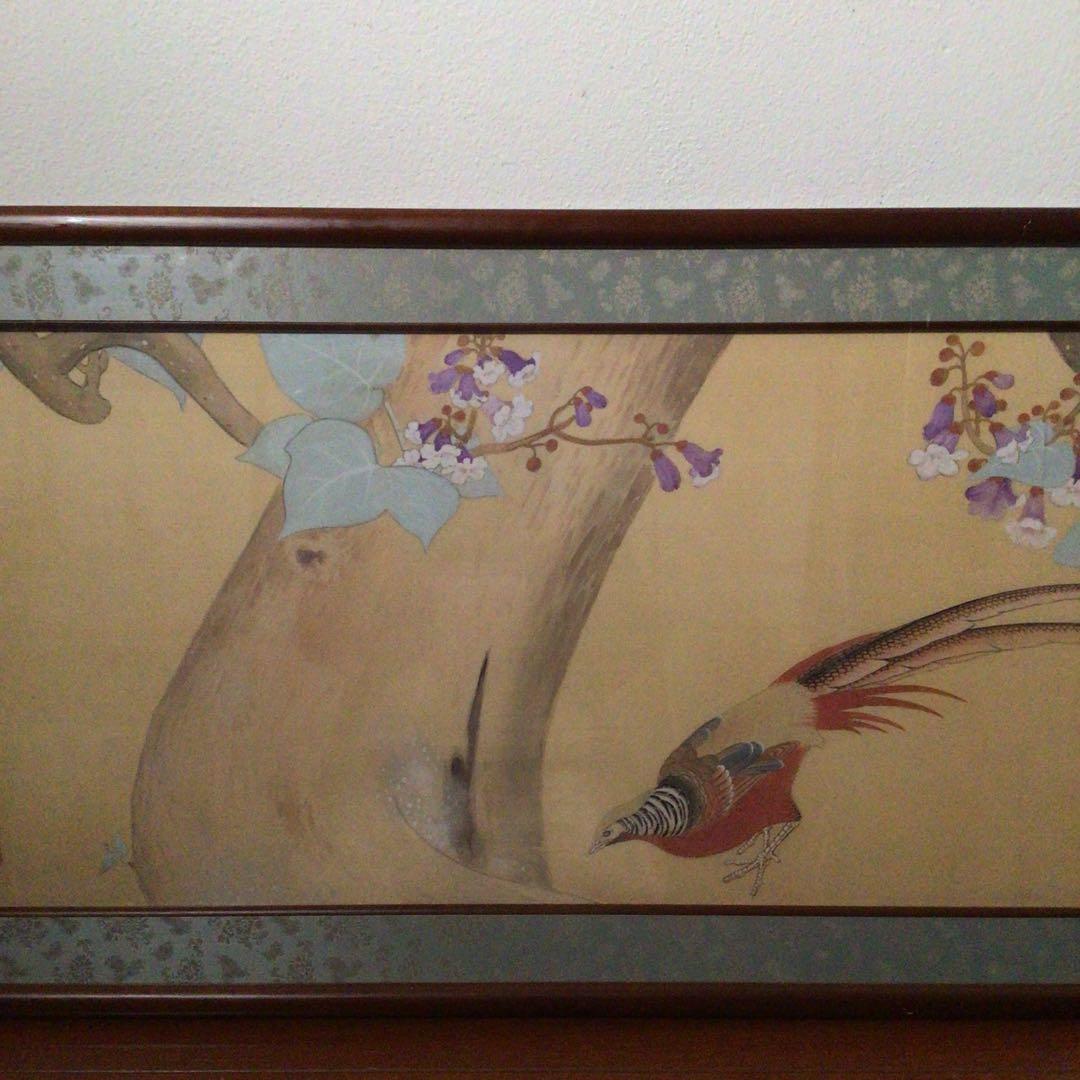 No3136 扁額装　猪原大華　金鷄図　彩色花鳥画　絹本　日本画　絵画　送料無料