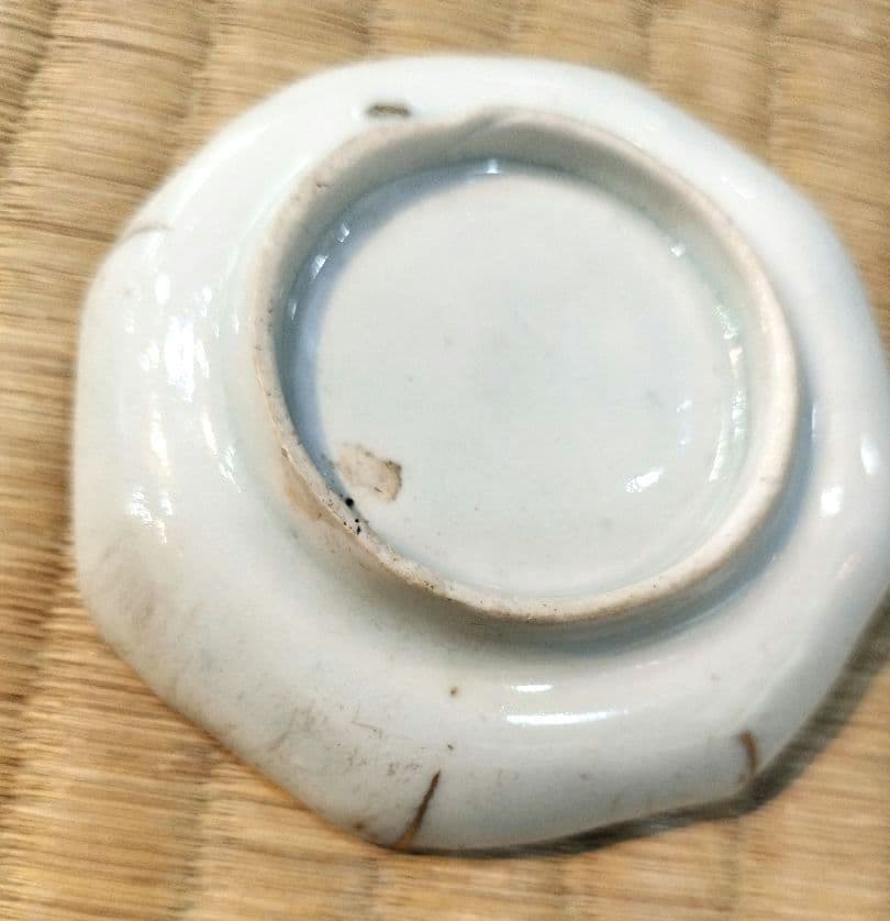 お値下げしました、古伊万里　型紙摺印判　八角豆皿　5枚組　金直し有
