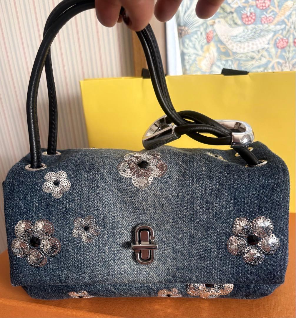 デニム花刺繍ボックス型ハンドバッグ