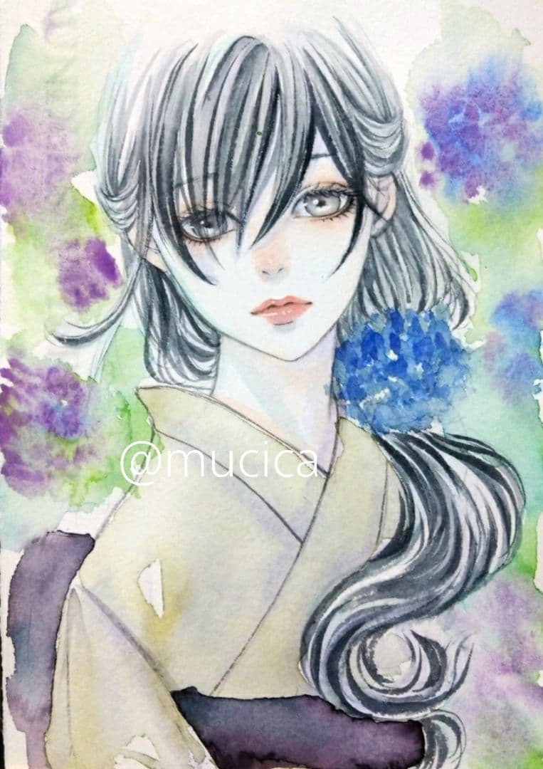 専用　手描きイラスト 《 滲む6月の君 》絵画　水彩画