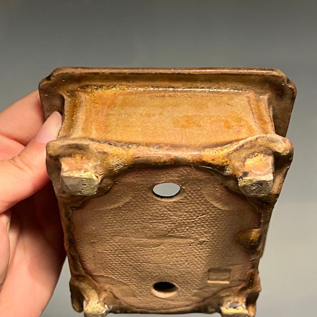 716.日本古鉢 飴釉長方鉢 盆栽鉢 植木鉢 13.6*10.8*5.2cm