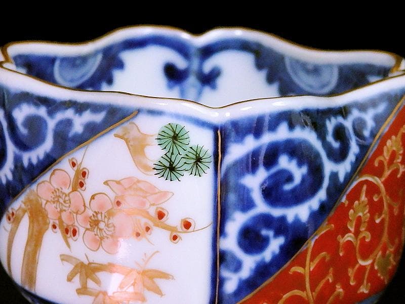 大聖寺伊万里　染錦　逆蛸に松竹梅　金唐草の図　変形向付　N1013AS-fbms