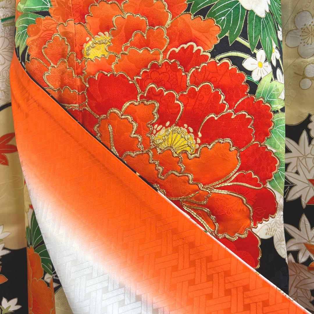445 振袖フルセット 正絹 クリーム 橙 黒 金彩 駒刺繍 豪華 レトロ 古典