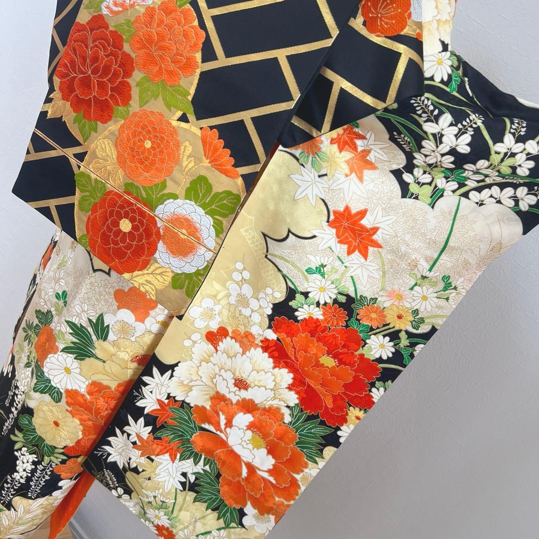 445 振袖フルセット 正絹 クリーム 橙 黒 金彩 駒刺繍 豪華 レトロ 古典