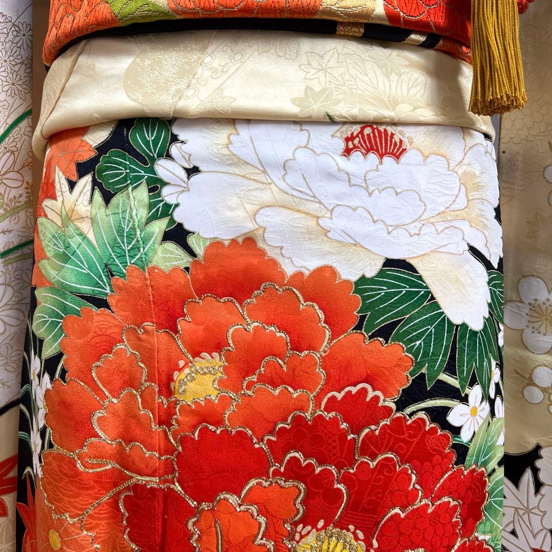 445 振袖フルセット 正絹 クリーム 橙 黒 金彩 駒刺繍 豪華 レトロ 古典