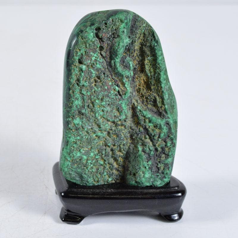 天然石　鑑賞石　孔雀石　マラカイト　置物　重さ約362g　唐木台　D　R4652