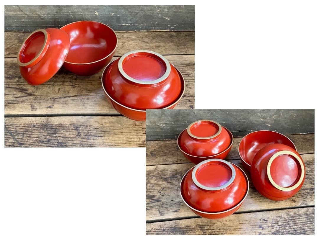 いろはにほへと 輪島塗 金縁 煮物椀 5客 / 朱漆 漆器椀 懐石椀