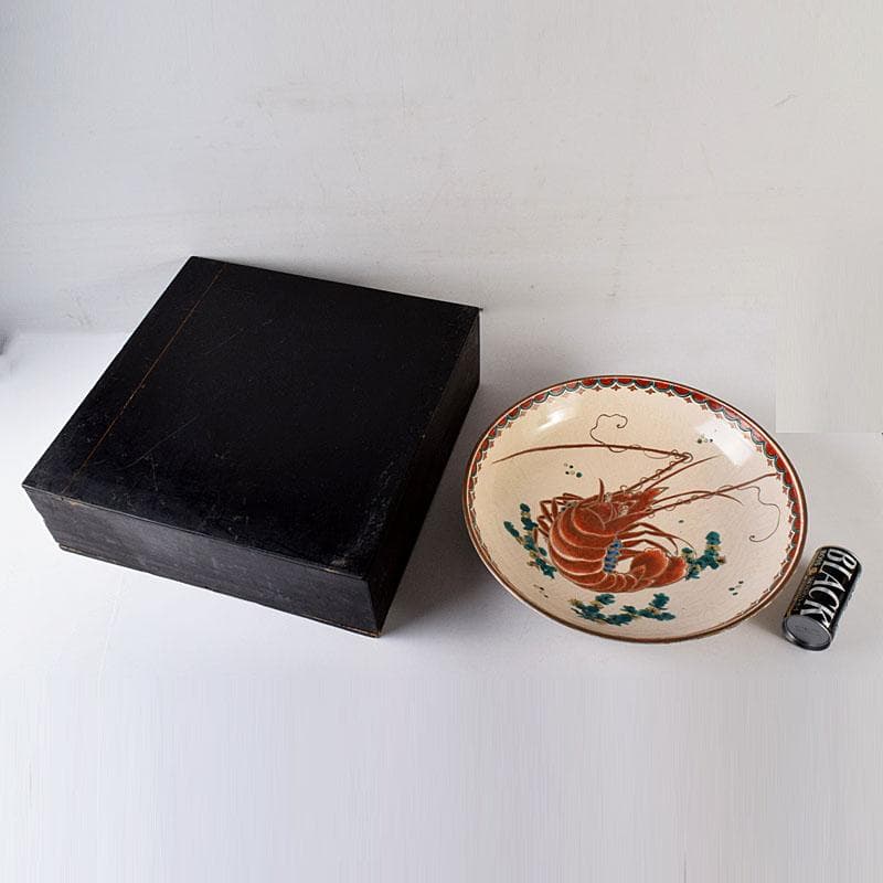 九谷焼　古九谷　色絵　海老文　大皿　飾皿　直径約36㎝　時代箱付　VR8143C