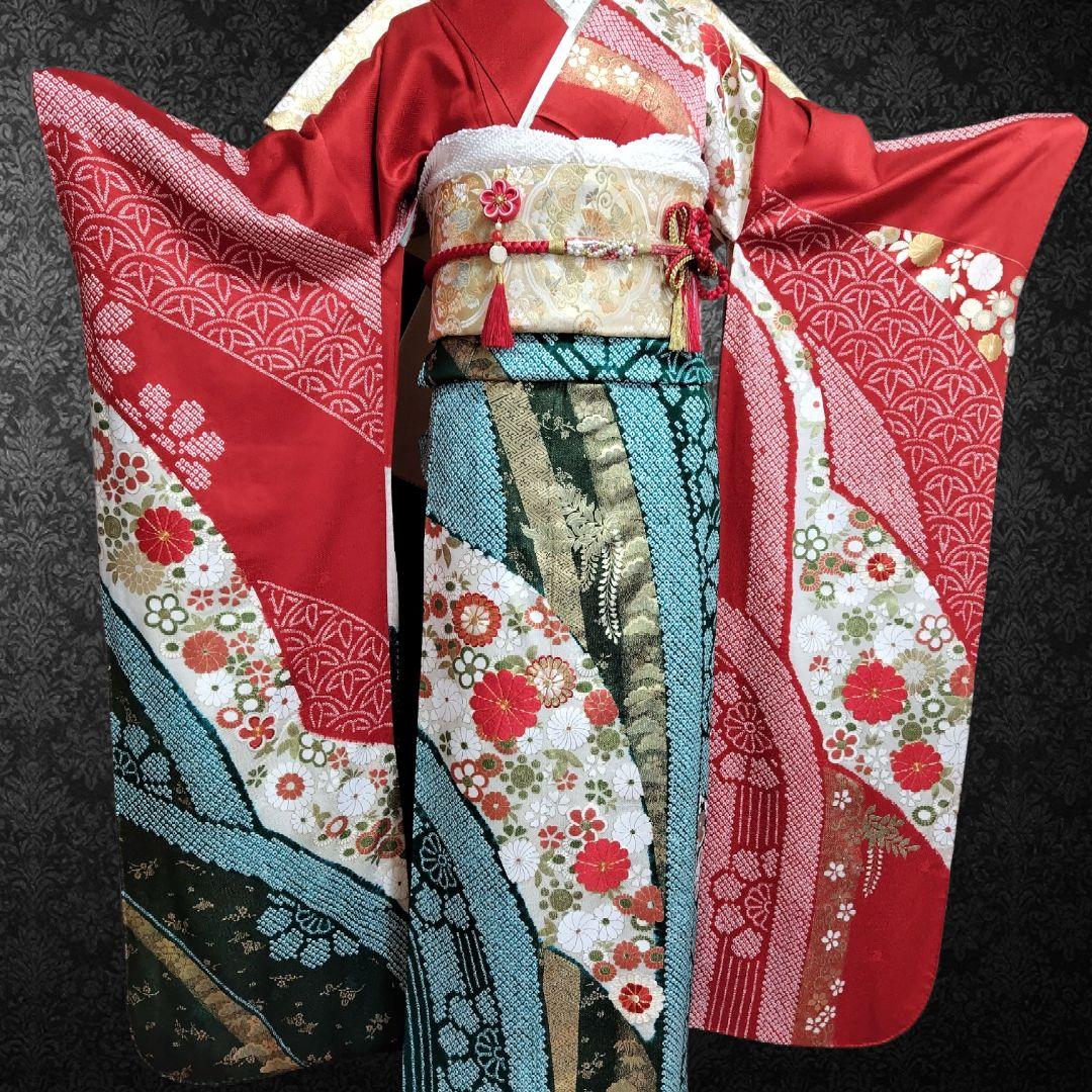 ☆とまとまと☆振袖フルセット(8点)・絞り・古典柄・吉翔文様・金駒刺繍