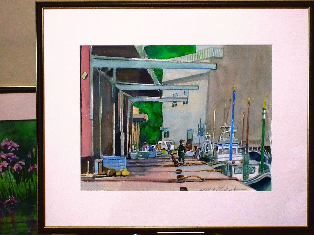 港の風景 水彩画 額装済み