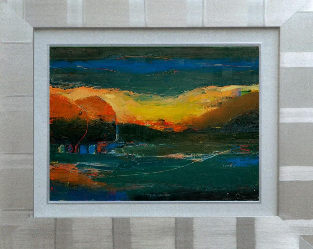 油絵 菅家令子 絵画インテリア額付(青緑＋金色の枠) F4-072212 朝夕陽