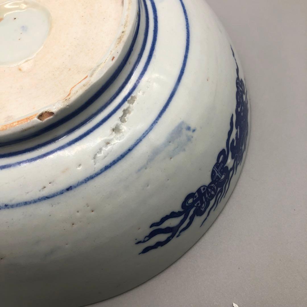 明治時代古伊万里鹿獅子図柄ベロ藍印判手鉢ボウル24cm伊万里焼骨董品