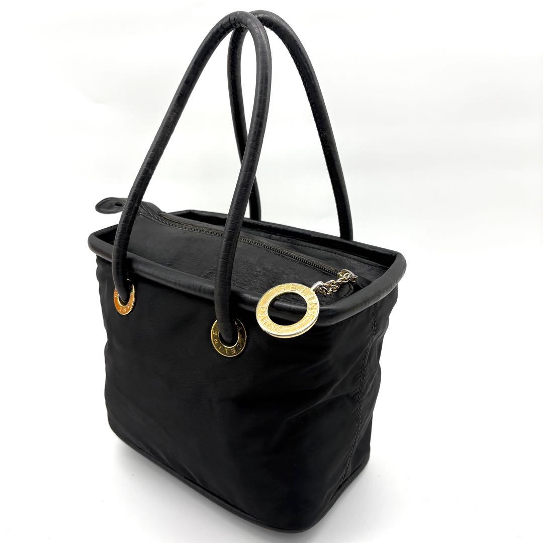 CELINE　ハンドバック　黒　ナイロン　サークル金具　スクエア　レザー