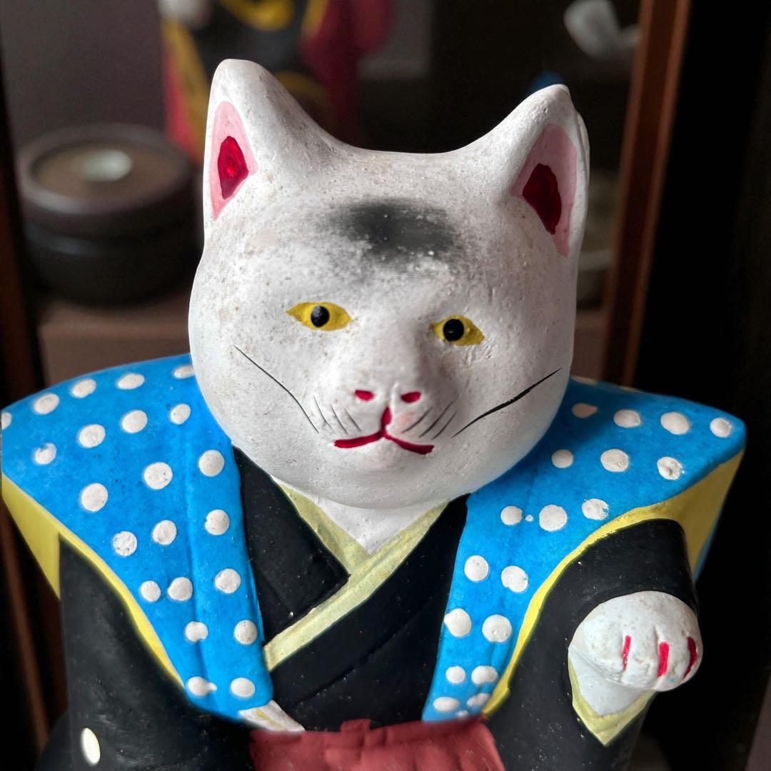 古玩 大阪府 郷土玩具 住吉大社 初辰猫 土人形 中猫×2 一対 縁起物 招き猫