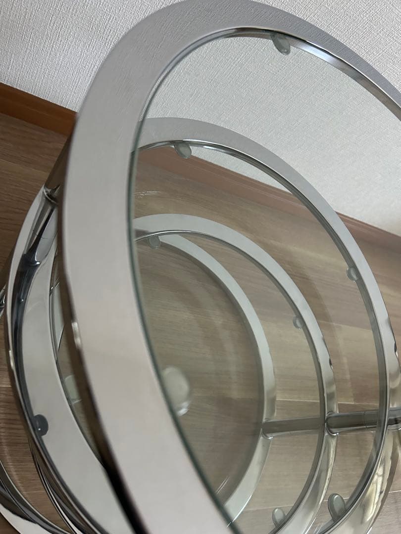 ミッドセンチュリー　北欧ラウンドテーブル3段ガラススライドテーブル☆たのメル便