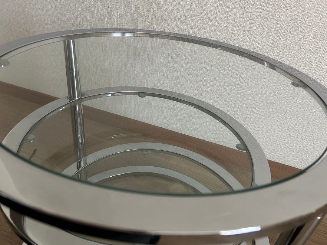 ミッドセンチュリー　北欧ラウンドテーブル3段ガラススライドテーブル☆たのメル便