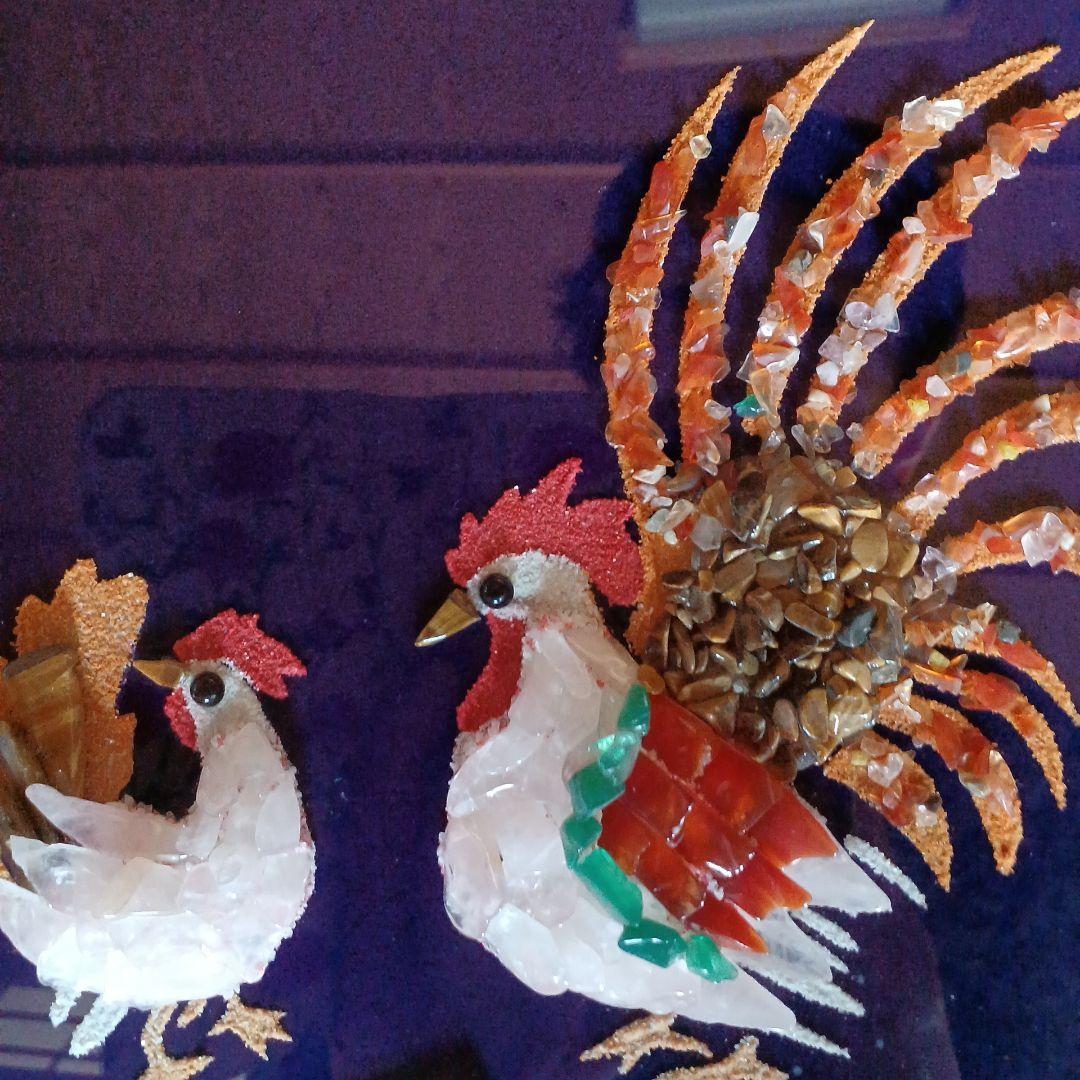 貴石画　めのう細工額　矮鶏(チャボ)　工芸額