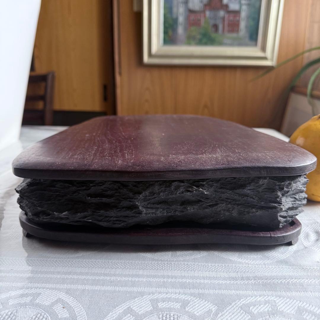 超限定出品18日20時‼️端渓硯大硯　鳥梅陽刻天然眼中國美術唐木台と蓋証明書付①