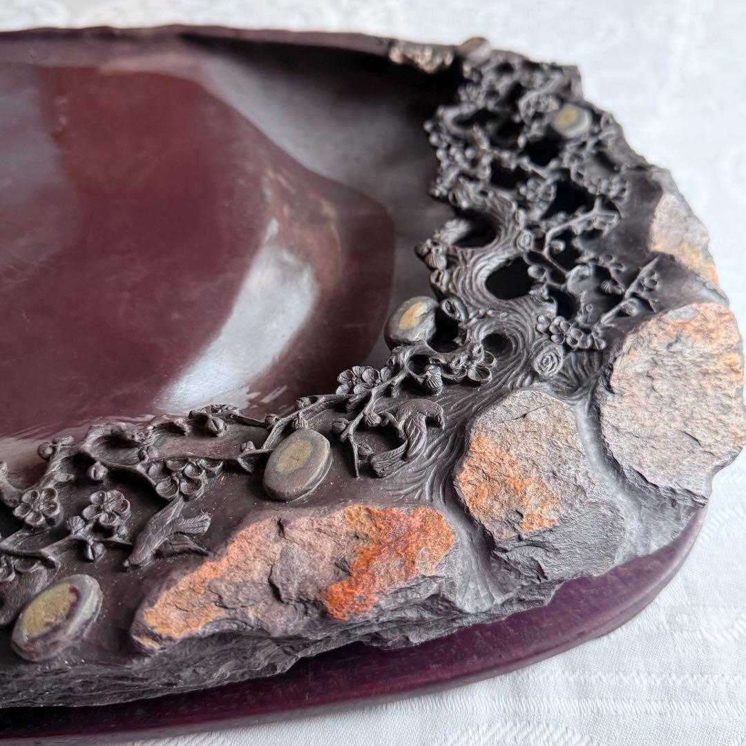 超限定出品18日20時‼️端渓硯大硯　鳥梅陽刻天然眼中國美術唐木台と蓋証明書付①