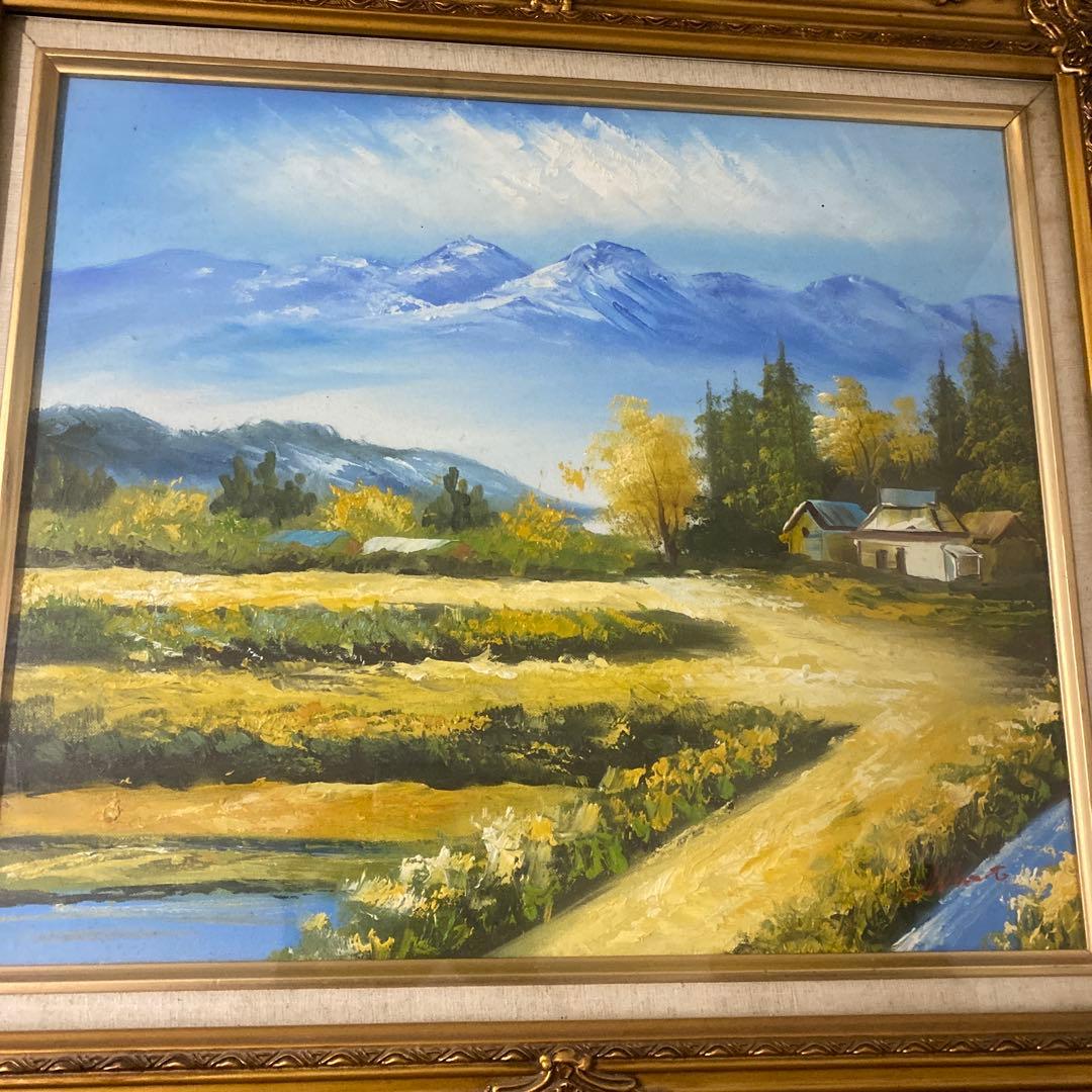 風景画 秋の山と田畑 金色フレーム