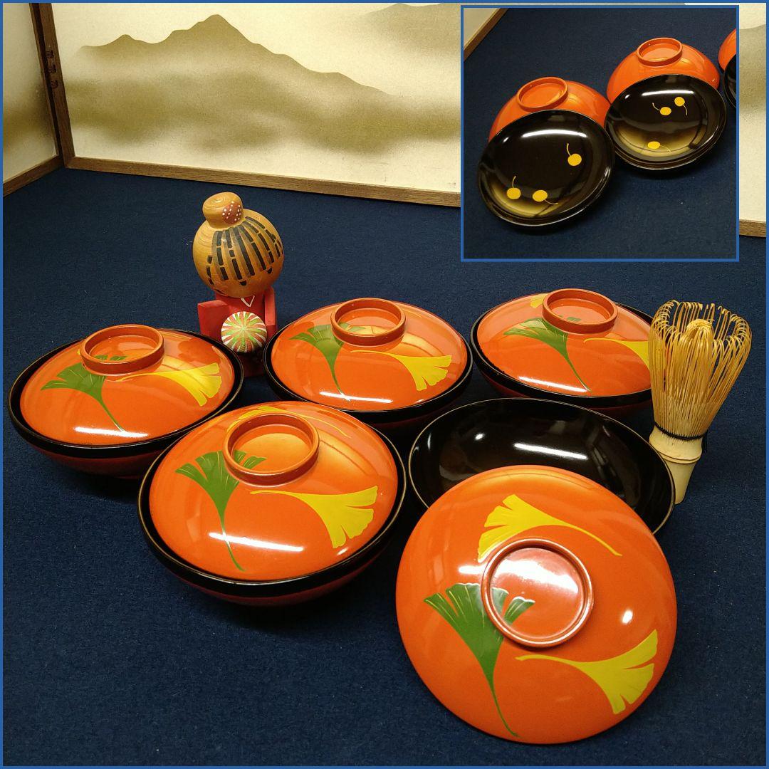 AG75 輪島塗 吸物椀 漆絵 銀杏図 蓋付吸物椀 木製漆塗 六客 お椀