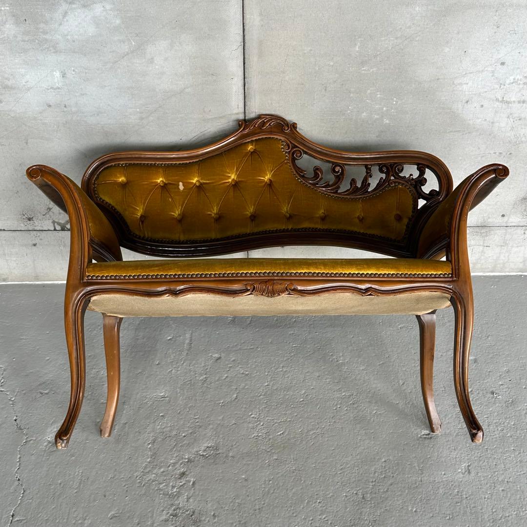 ✦80s✦ アンティークソファ カウチ ベルベット ゴールド 彫刻 ヴィンテージ