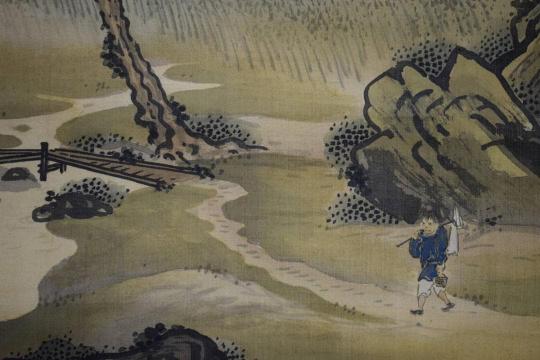 真作/狩野伊川院/人物山水図/三幅/金襴表装/布袋屋掛軸HG-24