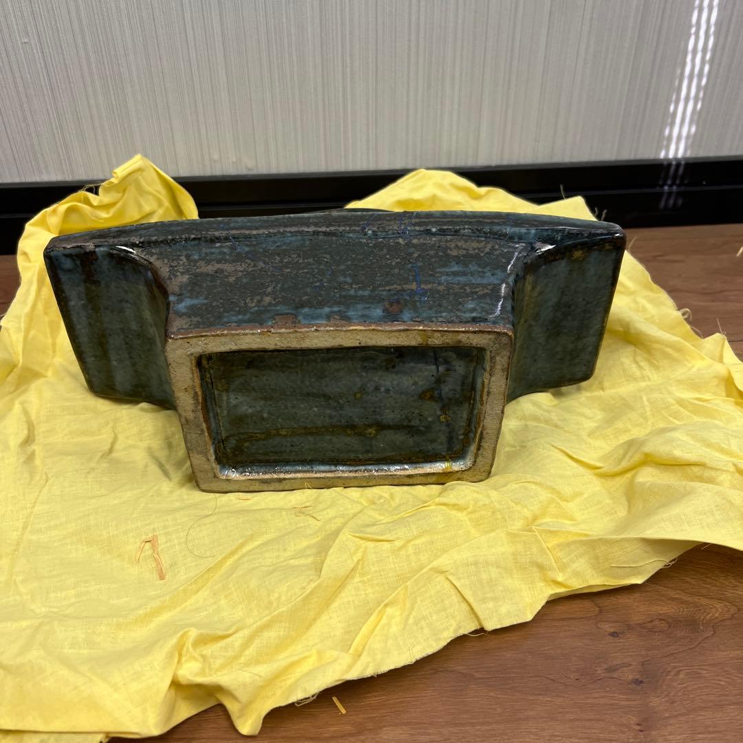 青色陶器 花器 持ち手付き