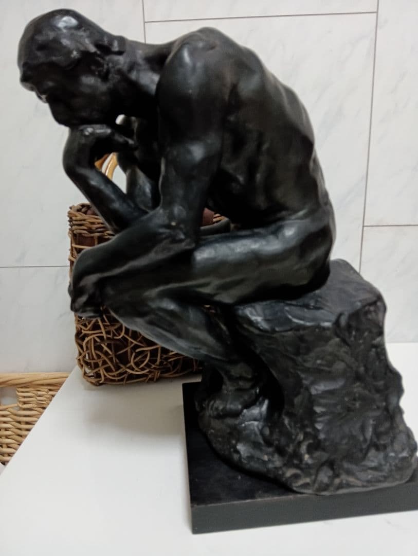 オーギュスト・ロダン稀少高さ４０センチ「考える人」モチーフ木彫美術彫刻飾り置物