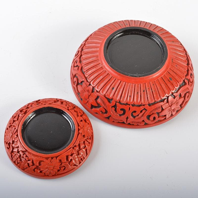 中国　剔紅　堆朱　牡丹文　鳳凰文　蓋物　2点まとめて　V　R6346