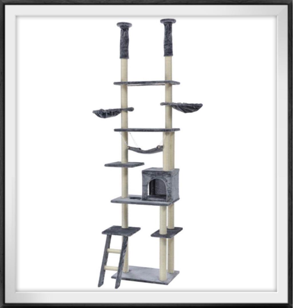 新品　キャットタワー　突っ張り型キャットタワー　多機能　グレー　全面麻紐　スリム