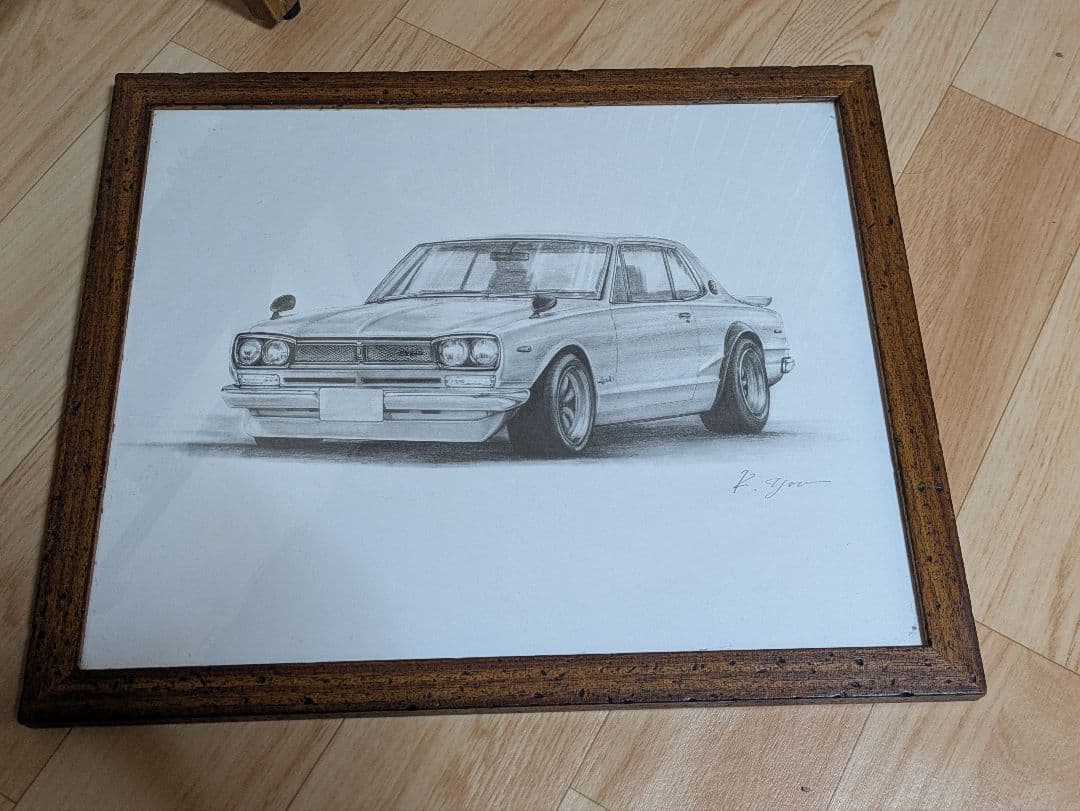 車の鉛筆画 木製フレーム付き