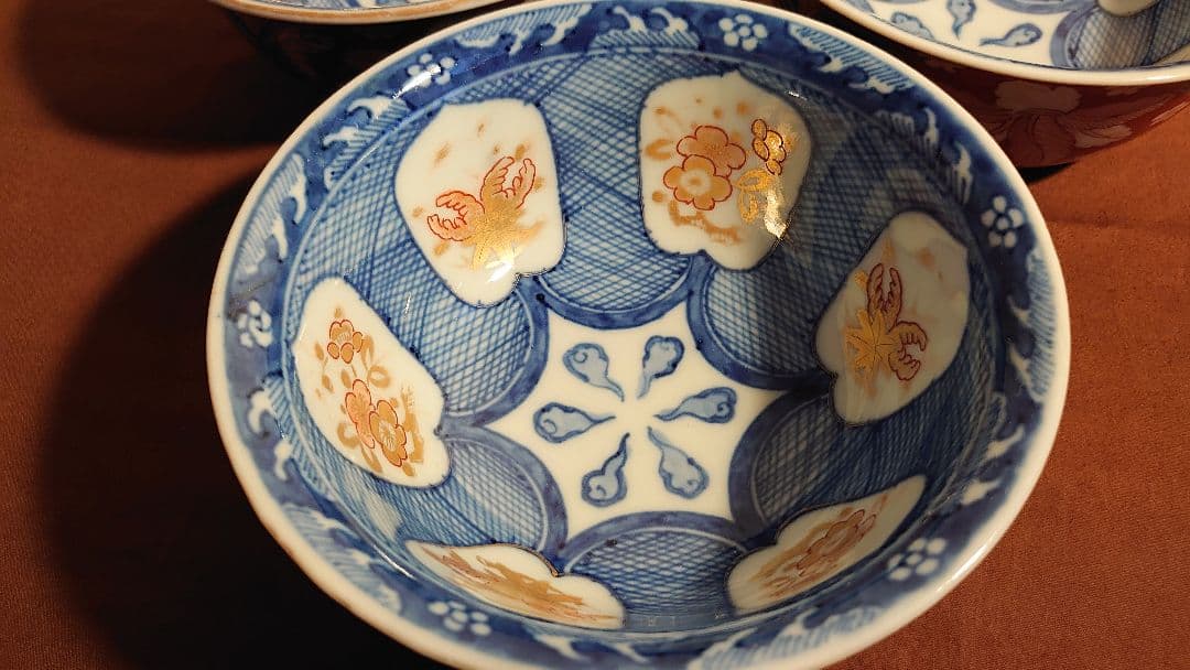 大聖寺伊万里　古伊万里　伊万里　色絵　染付　丸鉢　菓子鉢蔵出し　江戸期　３客