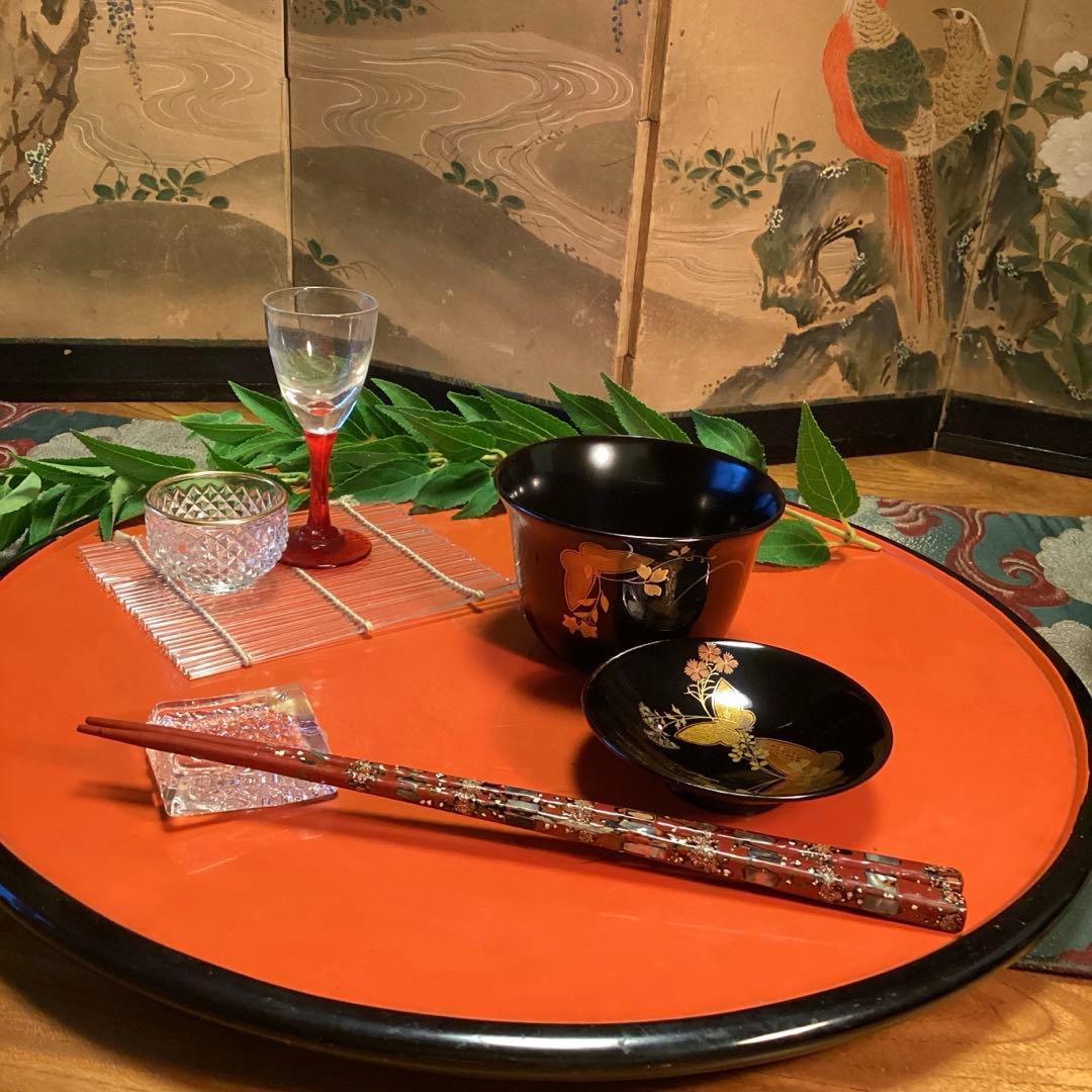 Ａ1019木製輪島塗椀　懐石道具　黒塗　秋草蒔絵　箸洗　小吸い物　　5客