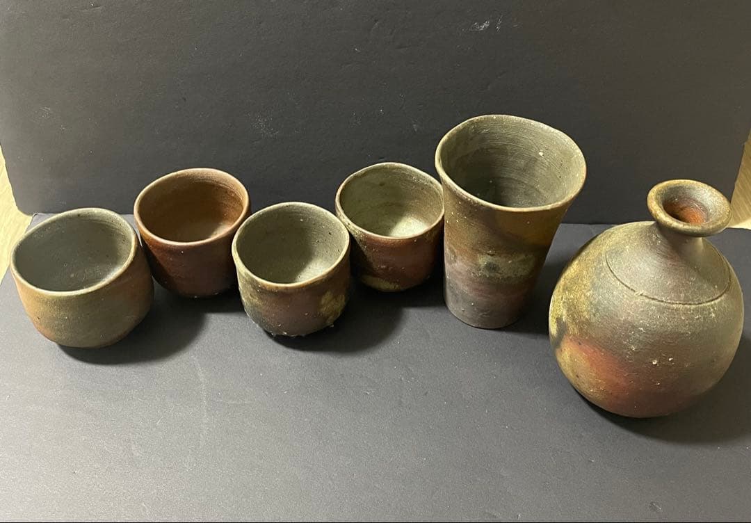 備前焼　鈴木常喜 作　酒器セット　ぐい呑・徳利・湯呑み・お猪口　銘あり