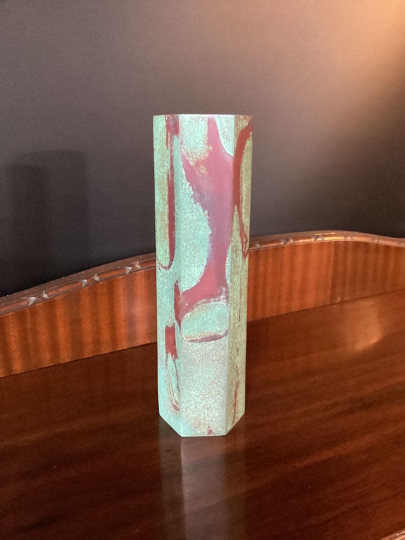 鋳銅 花入 瑞雲文本焼色 六角形 共箱付 一輪挿し