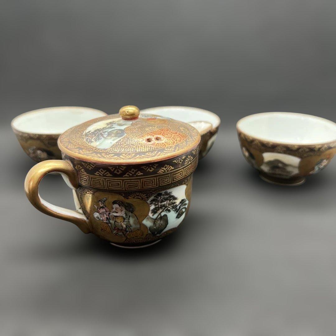 明治時代　金彩山水人物画九谷焼煎茶器セット　宝瓶１点　湯呑み３点まとめて煎茶道具
