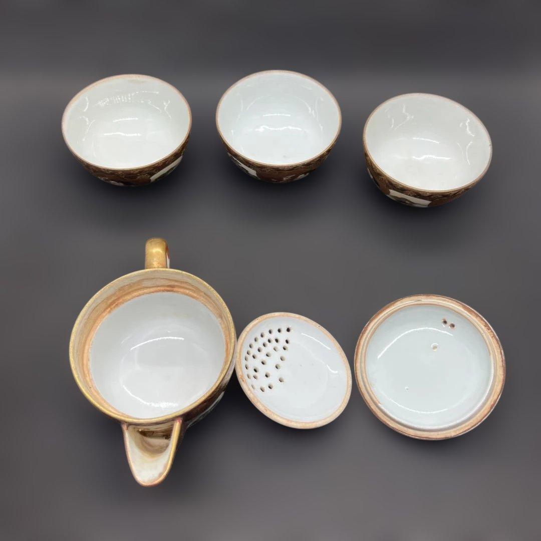 明治時代　金彩山水人物画九谷焼煎茶器セット　宝瓶１点　湯呑み３点まとめて煎茶道具