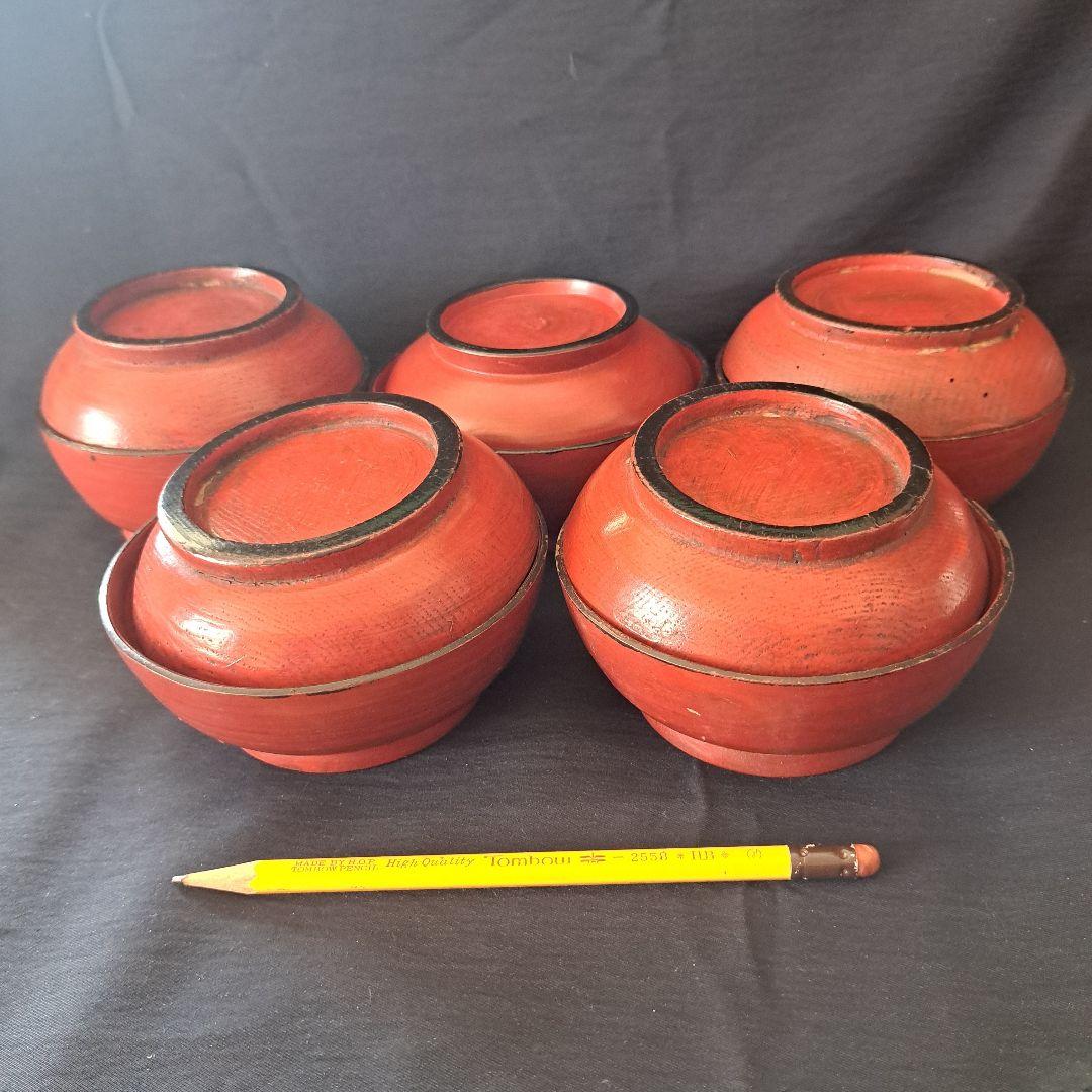 「根来(ねごろ)椀の渋み！」桃山時代？木製漆器(直径12cm) 5個セット 骨董