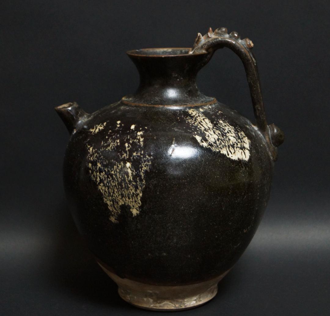 唐 黄道窯 黒釉白斑水注 湯瓶 土瓶 湯沸 唐物 木製箱付★時代物★希少品