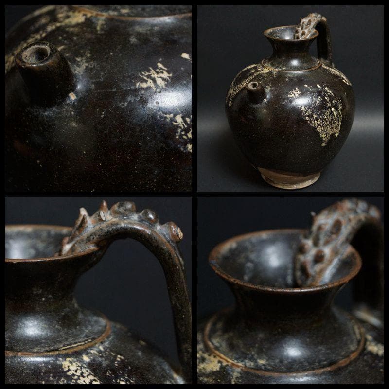 唐 黄道窯 黒釉白斑水注 湯瓶 土瓶 湯沸 唐物 木製箱付★時代物★希少品