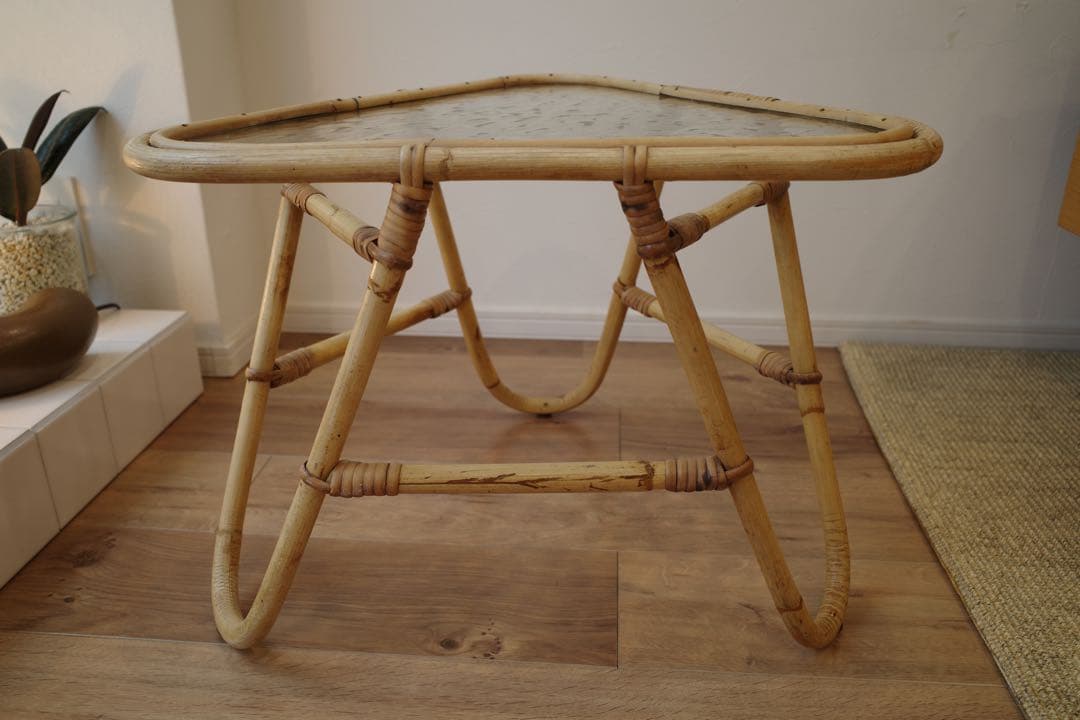 vintage ラタン ガラス △ サイドテーブル