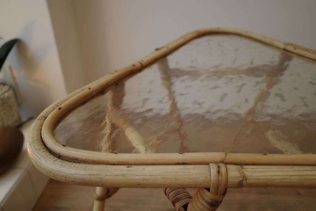 vintage ラタン ガラス △ サイドテーブル