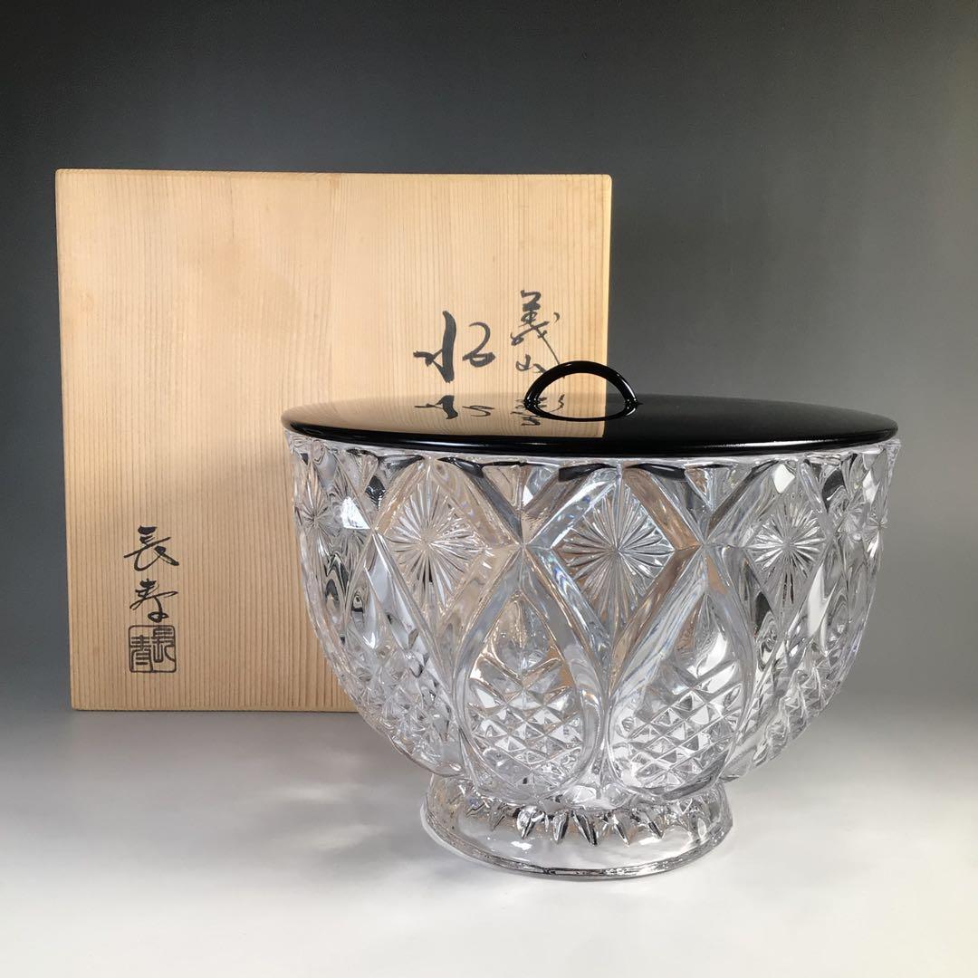 Ｍ９２７　水指　『水崎長寿造』『義山水指』　共箱　茶道具　ガラス工芸