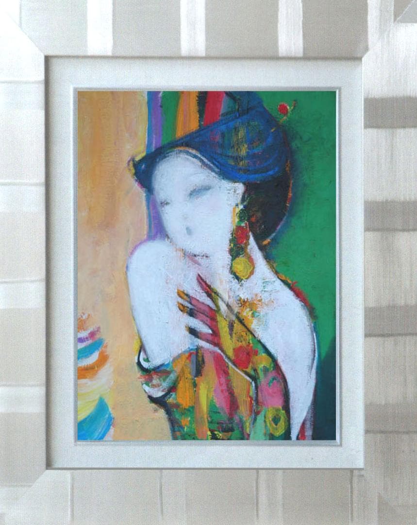 油絵 菅家令子 絵 絵画インテリア額付(青緑＋金色の枠)uF6-010111女性