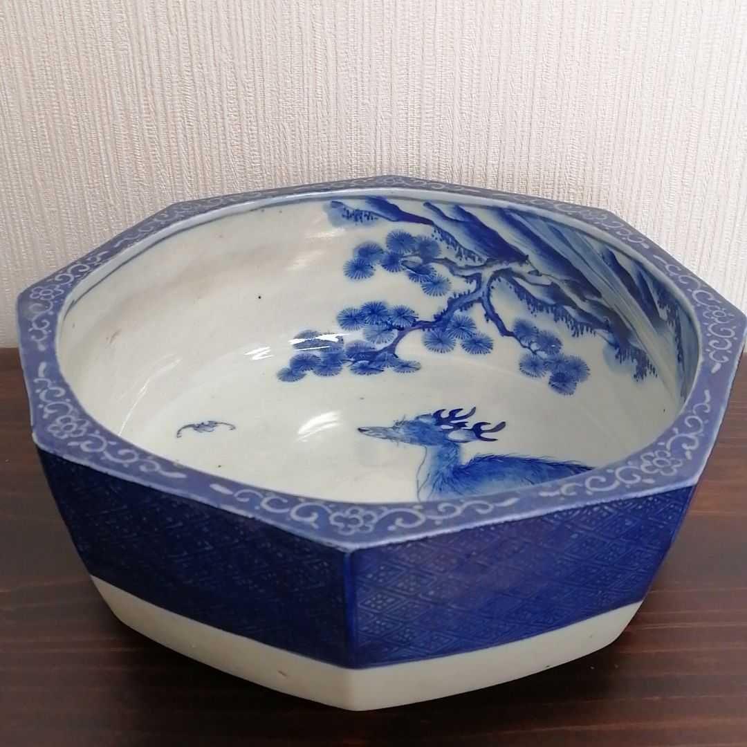 ⑰古伊万里染付八角の鉢　鹿とコウモリの図　美品