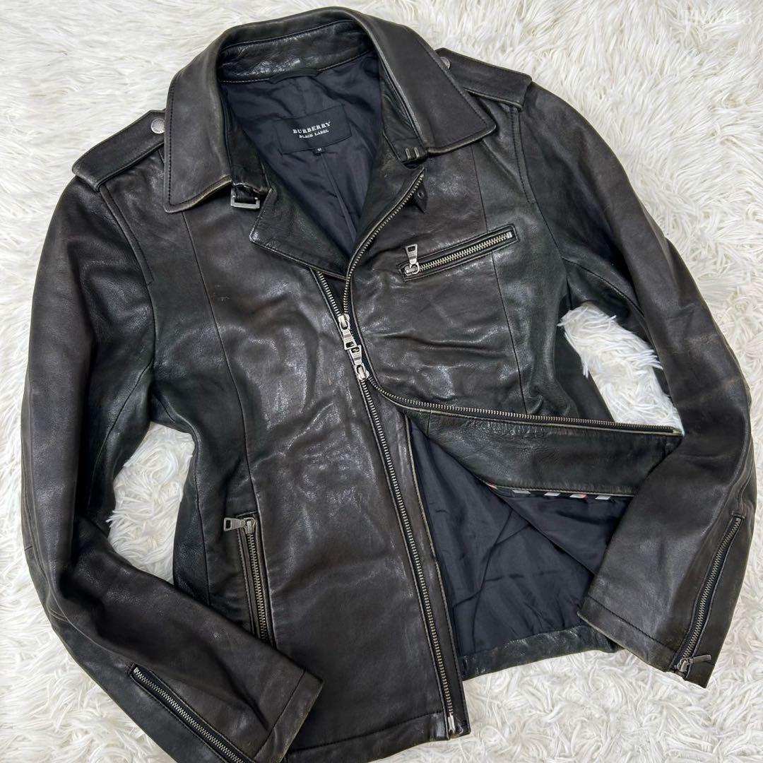 【美品/M】バーバリーブラックレーベル ライダース レザージャケット ラムレザー
