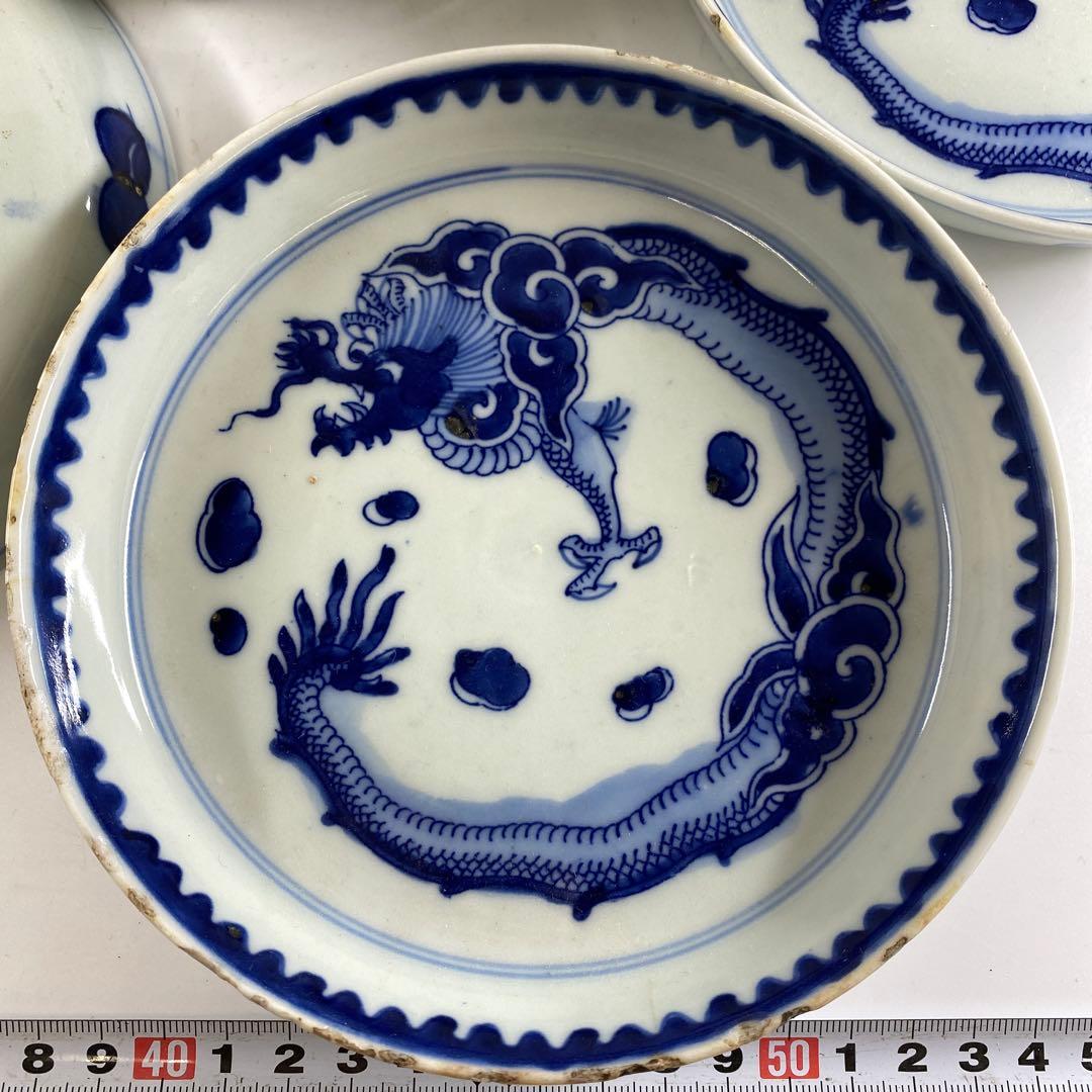 中国美術　染付龍図皿5枚　直径約15㎝東Y7-0404①タカト