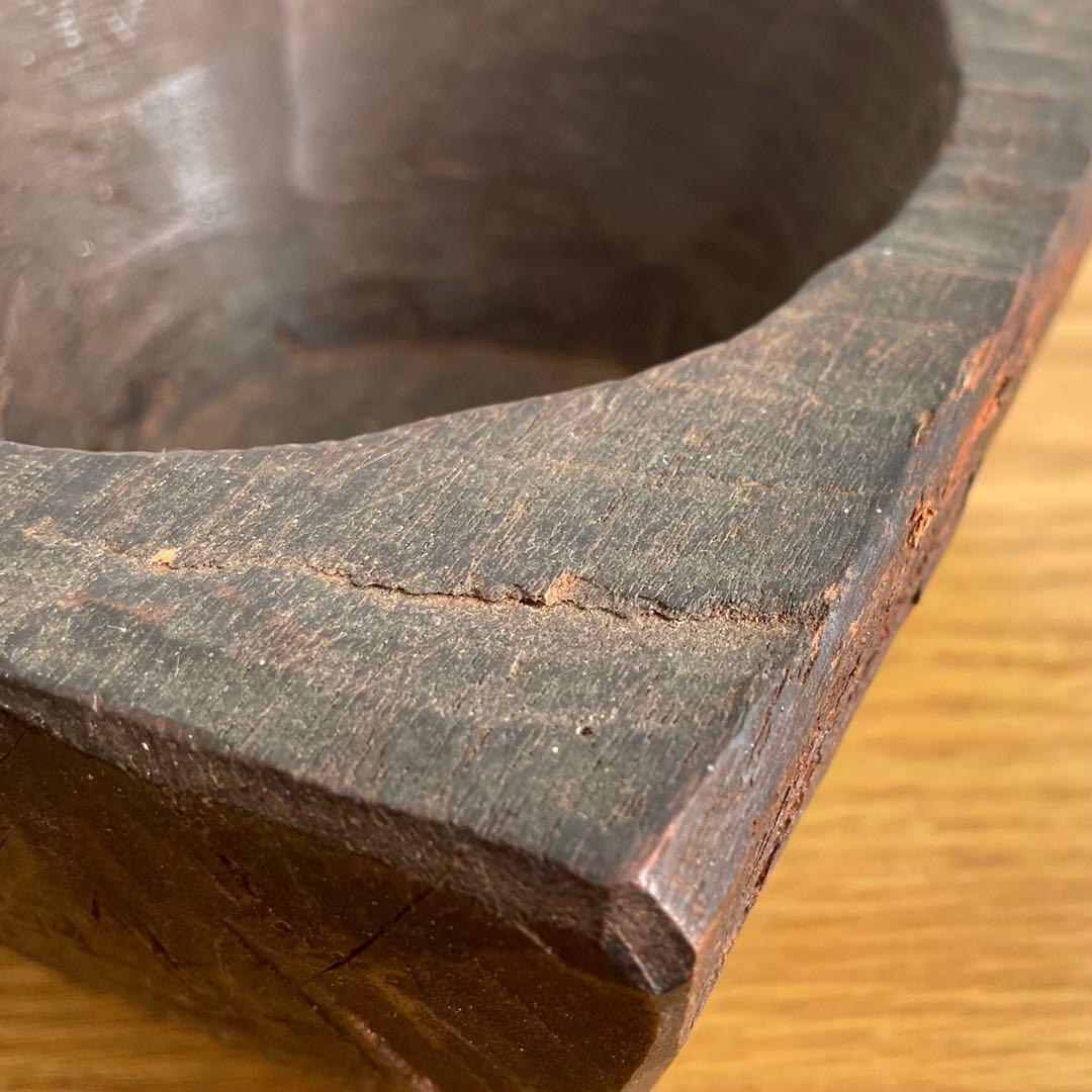 アンティーク 民藝 木工 把手付臼 花器 ブロカント インド FOLK ART